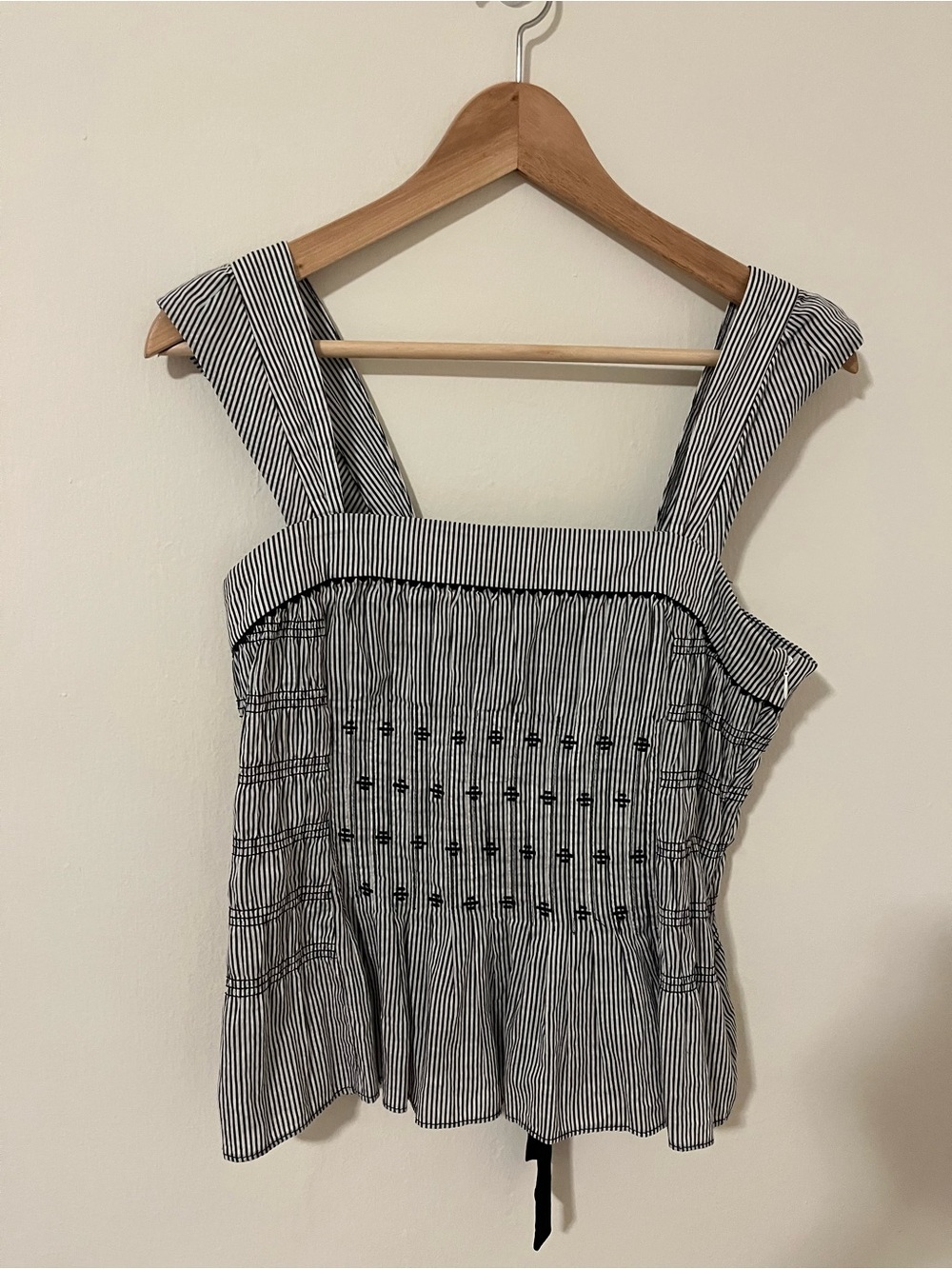 Square-Neck Striped Tank Top with Smocked Bodice in Black and White